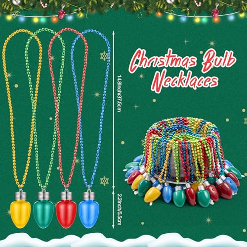 Christmas Light Up Necklaces Bulk Set - 24 LED Bulb Jewelry in Red Green Blue Gold - Party Favors & Decorations