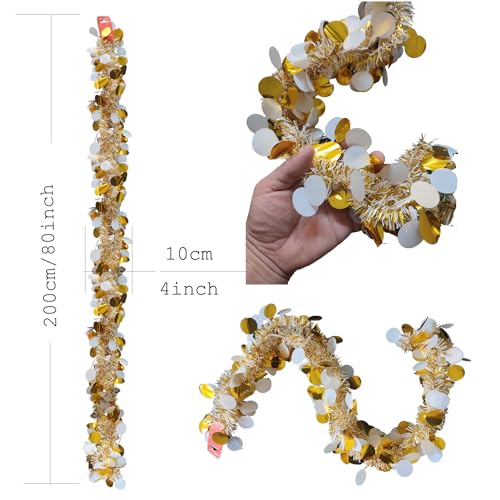 Gold and White Tinsel Garland - 4 Pack 6.6FT Metallic Sequin Streamers for Party Decor