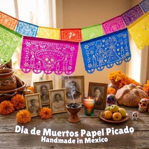 Day of the Dead Papel Picado Decorations - Rainbow Calaveras Banner 50 Feet