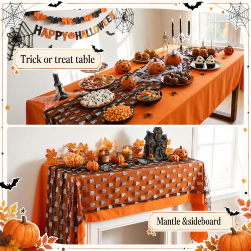 Halloween Mesh Ghost Table Runner Set - Black Sheer Gauze with Silver Glitter 2 Pack