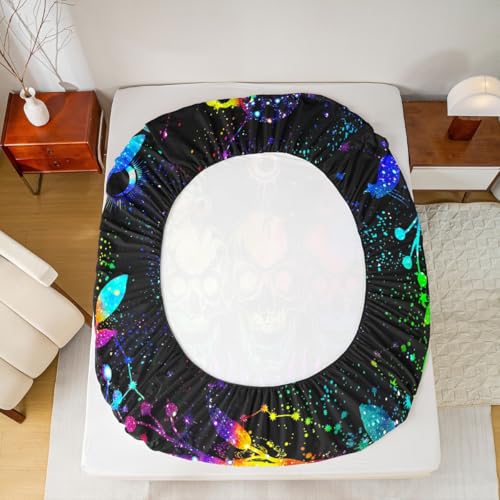 Queen Sugar Skull Bed Sheets Rainbow Tie Dye Fitted Sheet - Snake & Moth Design, 25 Color Variations