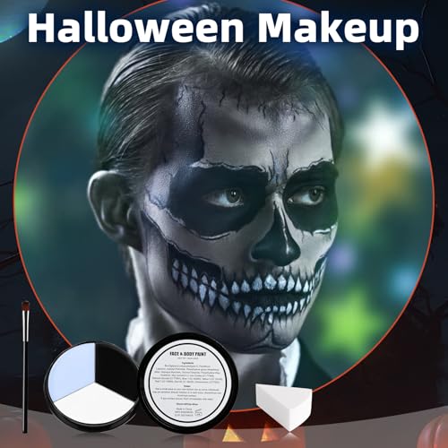 Halloween Face Body Paint Kit with 3 Sponges & Brush - White Black Blue Variation