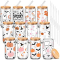Halloween Ghost Glass Cups Set - 12 Pink Spooky 16oz Cups with Lids & Straws, Ghost Variation