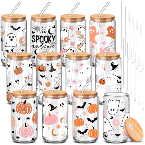 Halloween Ghost Glass Cups Set - 12 Pink Spooky 16oz Cups with Lids & Straws, Ghost Variation