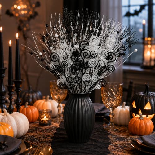 Black & White Halloween Glitter Branches Picks - 36 Pcs Spooky Decor