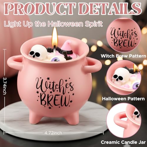Pink Halloween Cauldron Candle with Spooky Decorations & Pumpkin Scent - 14oz Gift for Women & Teens