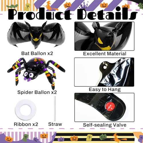 Halloween Balloons Set with Giant Spider and Bat – Black Variation
