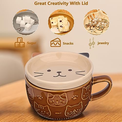Cute Ceramic Cat Coffee Mug with Lid - Brown, Gift for Cat Lovers