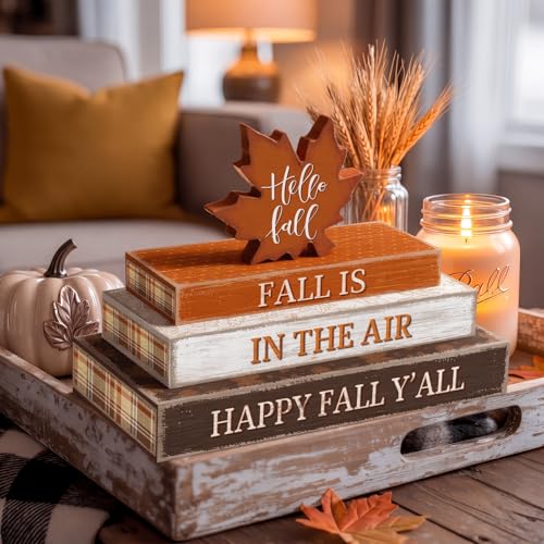 Fall Wooden Maple Leaf Decor Set - Rustic Autumn Home & Kitchen Accent - 4 Pieces Hello Fall Variation