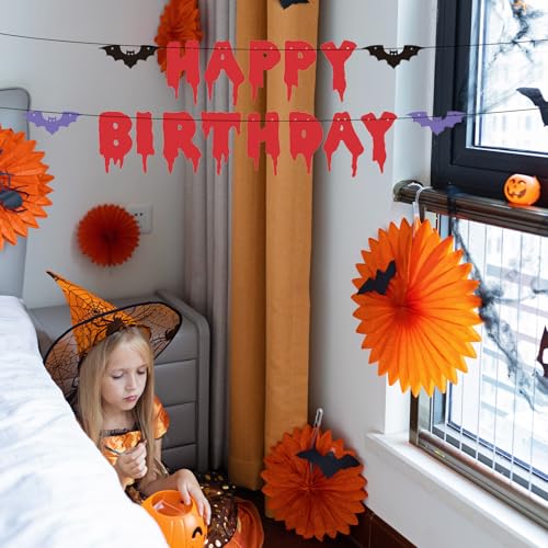Halloween Happy Birthday Banner with Bat Cutouts - Spooky Party Decorations