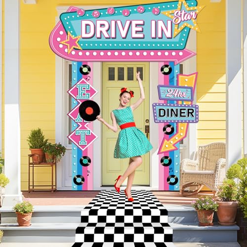1950s Retro Diner Party Decorations Set with Banner Rug and Props