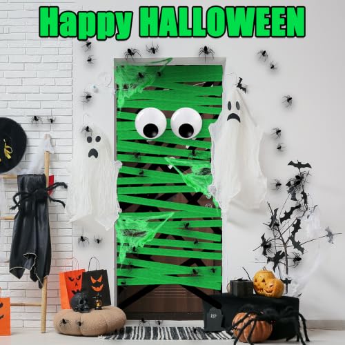 Halloween Mummy Door Cover Decor Set with Giant Eyeballs Bats - Black+Green Variation