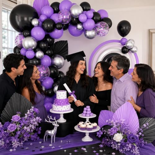 Black Purple Balloons Arch Kit - Metallic Silver Confetti Balloon Party Decorations - Variation: Purple Black