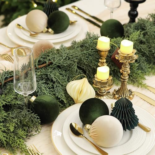 15Pcs Velvet Christmas Ornaments Set - Dark Green, Champagne, Kaki - Shatterproof Holiday Decorations