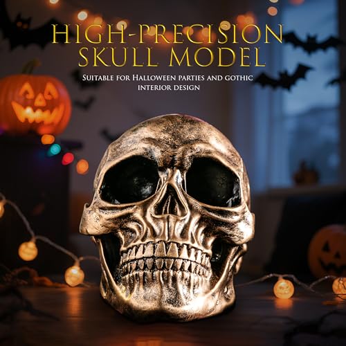 Halloween Skull Statues Set of 2 - Resin Skeleton Heads for Indoor Decor, Gold & White, 7.7 Inch