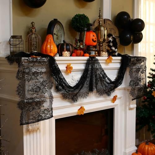 8pcs Halloween Black Lace Table Runners - Elegant Gothic Table Decor 14x120 Inch