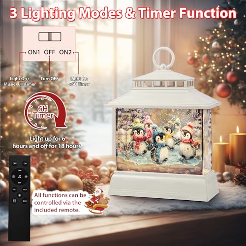 Christmas Snow Globe Lantern with Penguins - Water Glitter & Music, 8 Songs, 6H Timer, Remote & USB Power