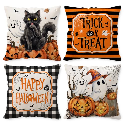 20x20 Halloween Pillow Covers Set of 4 Trick or Treat Ghost & Spider Decor