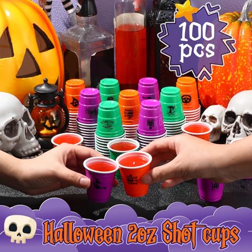 Halloween 2 oz Disposable Plastic Shot Glasses - Pack of 100, Spooky Colors & Designs