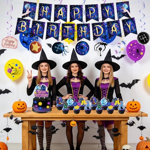 Horror Birthday Party Decorations Set - Blue & Purple Theme with Banner Balloons & Backdrop
