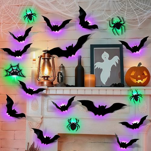 Halloween Bat Wall Decor with LED Lights, 3D Glowing Stickers - Spider Variation