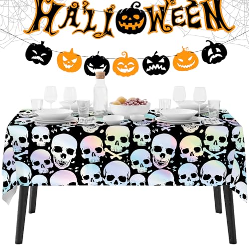 Halloween Skull Tablecloth Disposable 3 Pack - Iridescent 54 x 108 Inch Party Cover