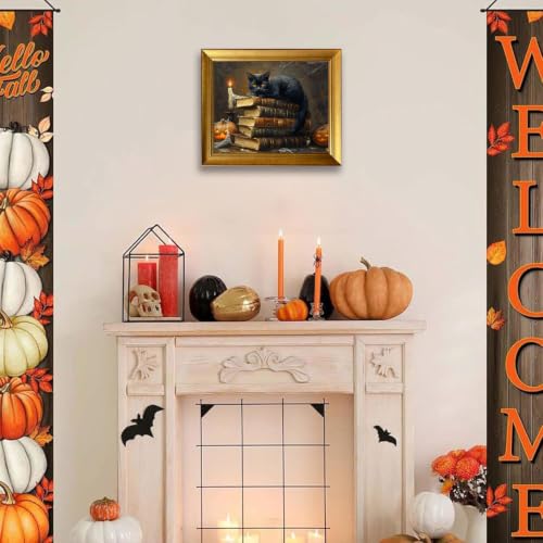 Gongyuanyihao Arts Vintage Halloween Wall Art - Black Cat & Pumpkins Canvas Print, 10x12in Ready to Hang