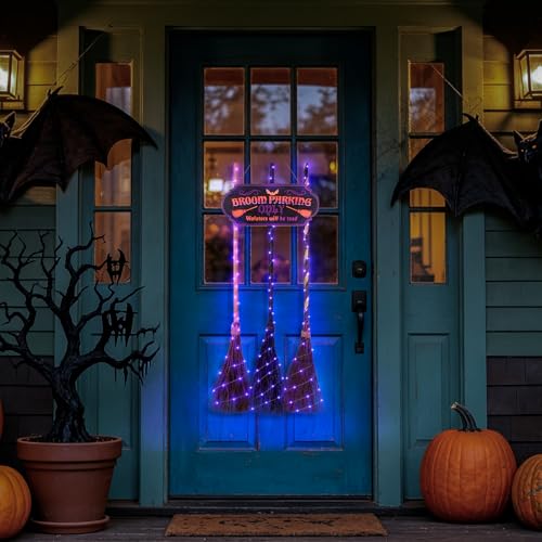 Halloween Broom Parking Sign with 3 Witch Brooms & Purple Lights - Whimsical Outdoor Decor
