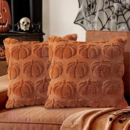 2-Pack Fall Throw Pillow Covers 18x18 Pumpkin Halloween Autumn Decor - Dark Rust