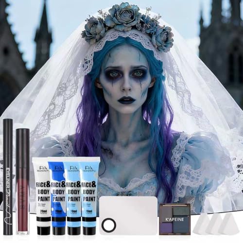 Corpse Bride Halloween SFX Face Makeup Kit with Blue & White Face Paints & Tools - Variation of THIS listing