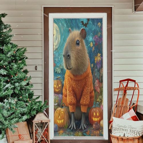 Halloween Door Cover Banner - Capybara Pumpkins Teal Door Decor for Indoor Outdoor Party