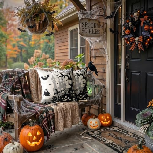 Artscope Halloween Haunted House & Ghost Throw Pillow Cover Set - Bat 16x16 Inches
