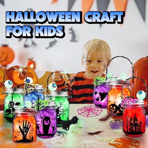 8 Pack Halloween Mason Jar Craft Kit with LED Lights and Accessories for Kids