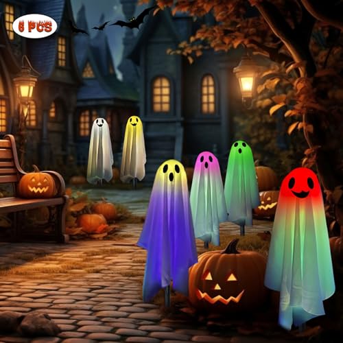RGB Halloween Ghost Pathway Lights with Stakes - 6PCS Solar Waterproof Outdoor Decor