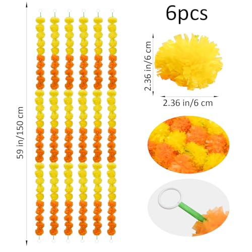 Artificial Marigold Flower Garland 6 Pack - 5 Feet Yellow & Orange for Wedding Diwali Pooja Decor