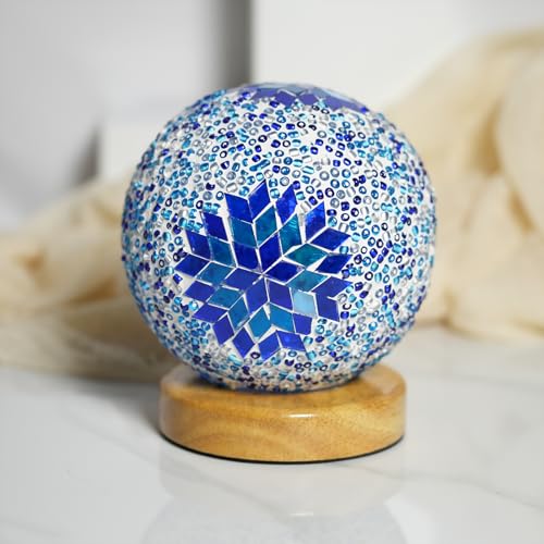 Boho Sky Blue Mosaic Glass Table Lamp with Wooden Base - Turkish Night Light, Moroccan Lantern, USB Power, Bedroom & Living Room Decor - Variation of Boho