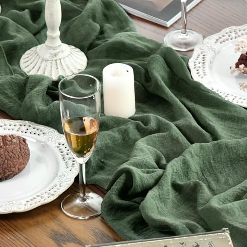 160-Inch Forest Green Boho Cheesecloth Table Runner for Wedding & Holiday Decor