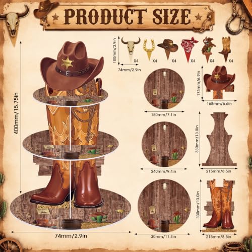 Cowboy Cupcake Stand with 24 Western Cake Toppers - Rustic 3 Tier Party Decor