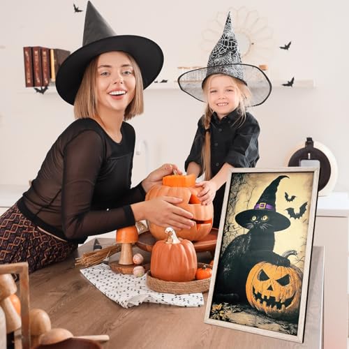 Halloween Wall Art Black Cat Pumpkin Wall Decor - Framed Canvas for Indoor Spooky Decor
