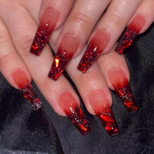 Halloween XL Red Nails Press On Long Coffin Fake Nails with Diamond Design - Red Diamond Variation