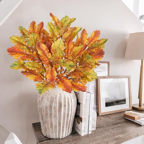 Artificial Fall Oak Leaf Branches - 5 Pcs Autumn Decor Stems in Orange - 18 Inches
