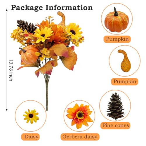 Artificial Fall Flowers Bouquet with Pumpkins and Pinecones - Silk Autumn Decor