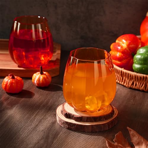 2 Pcs Fall Pumpkin Wine Glasses - Orange 17oz Stemless Glass Cups - Halloween & Thanksgiving Decor