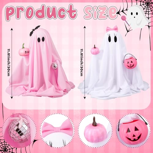 Pink Halloween Ghost Decorations - 12in Girlie Pumpkin Ghost Figurines, Set of 2