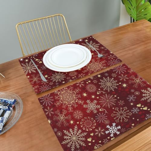 Christmas Placemats Set of 6 - Gold White Snowflakes Holiday Table Mats - Double Sided Burlap, 18x12 Inches - Variation of THIS listing