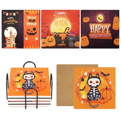 Set of 4 Absorbent Ceramic Drink Coasters with Black Holder and Cork Base - Halloween Decor