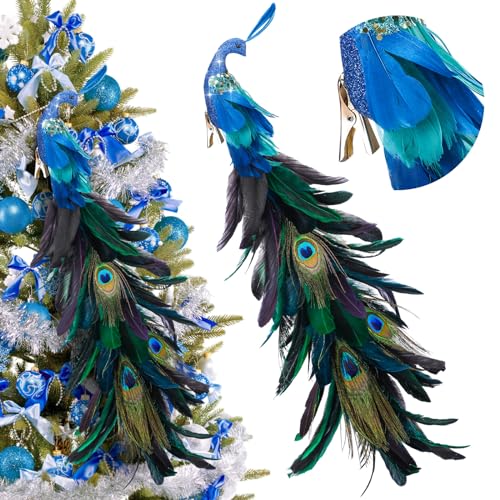 Peacock Christmas Tree Ornaments - 2 Pack Glitter Feather Bird Decorations for Xmas Tree & Holiday Decor - Variation 2