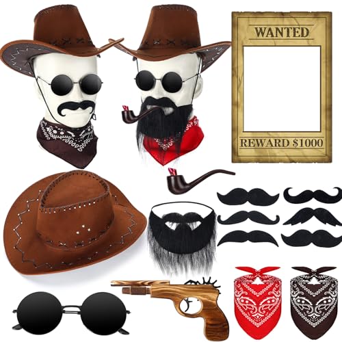 Halloween Western Photo Booth Props Kit - Cowboy Wanted Poster & Accessories