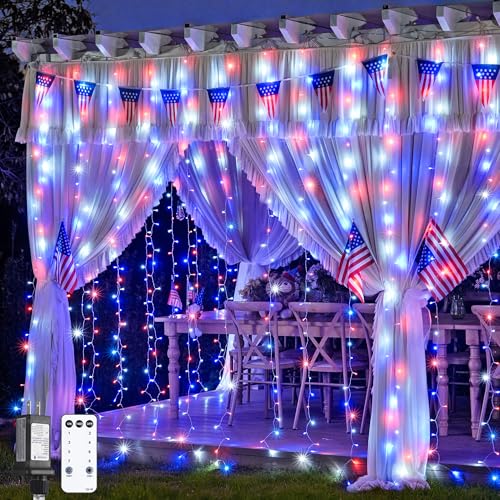 JMEXSUSS 300 LED Curtain Lights for 4th of July - Red White & Blue, 9.8x9.8ft, Outdoor Indoor Decor with Remote