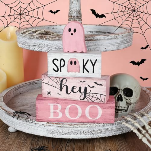 Pink Halloween Wooden Table Decorations Set - Double Sided Ghost & Spooky Signs, Farmhouse Style - Variation of THIS listing